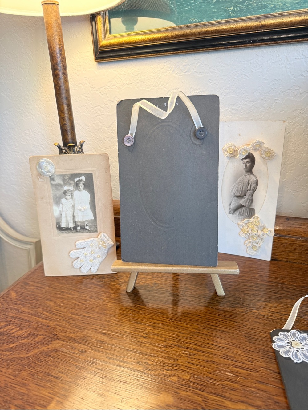 4 Antique Embellished Victorian Cabinet Cards with Gold Wood Easel - Picture 5 of 16